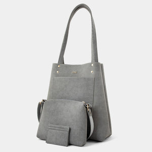 A gray faux-leather tote bag with a matching zippered pouch and shoulder strap, displayed on a clean light gray background.