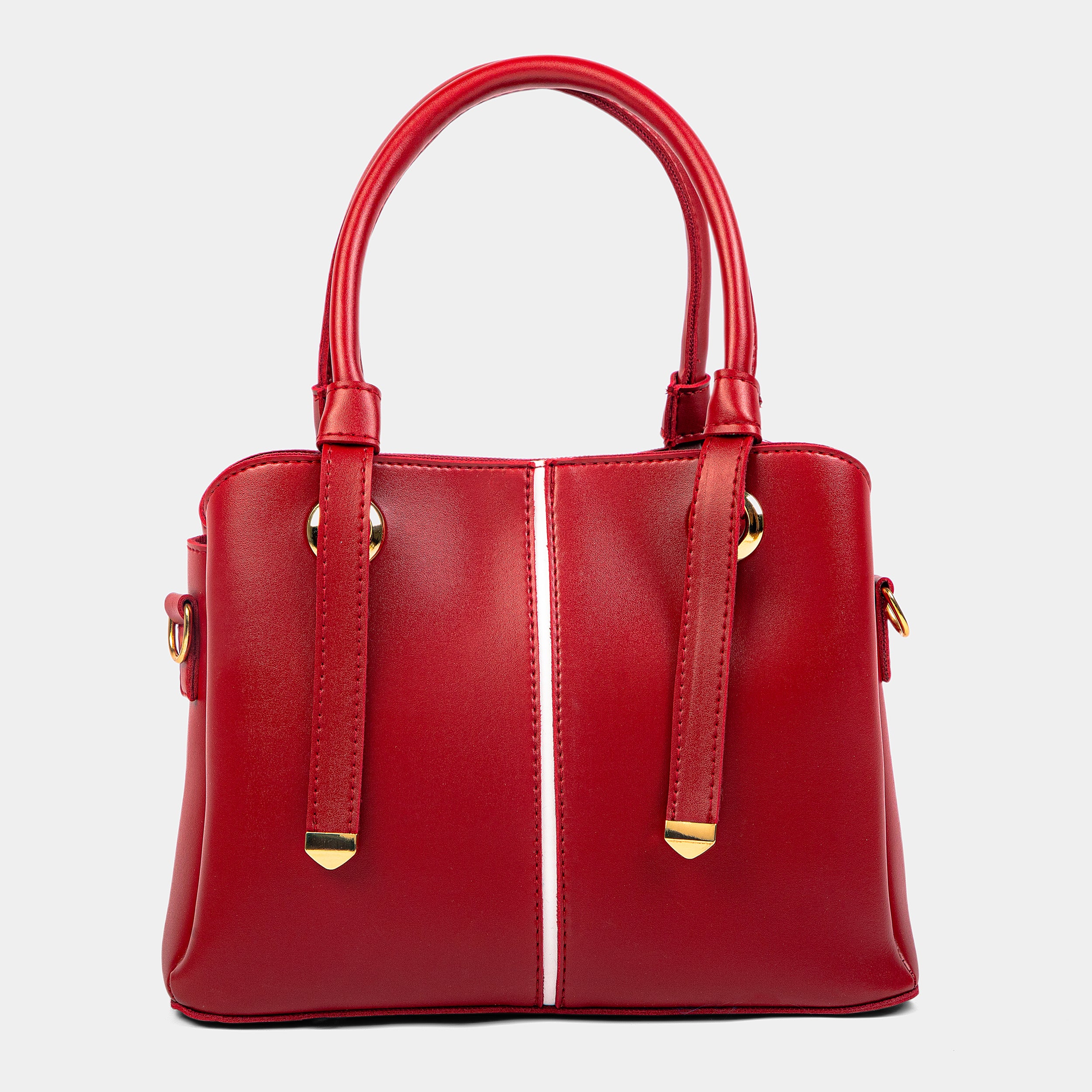 Red handbag with gold accents on a light gray background