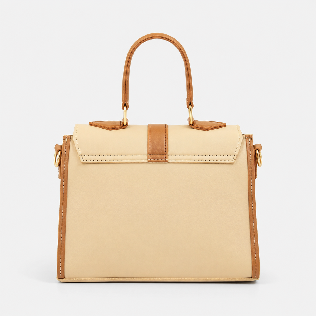 A structured top-handle handbag in beige faux leather with tan leather trim and gold-tone hardware, shown against a plain white background.