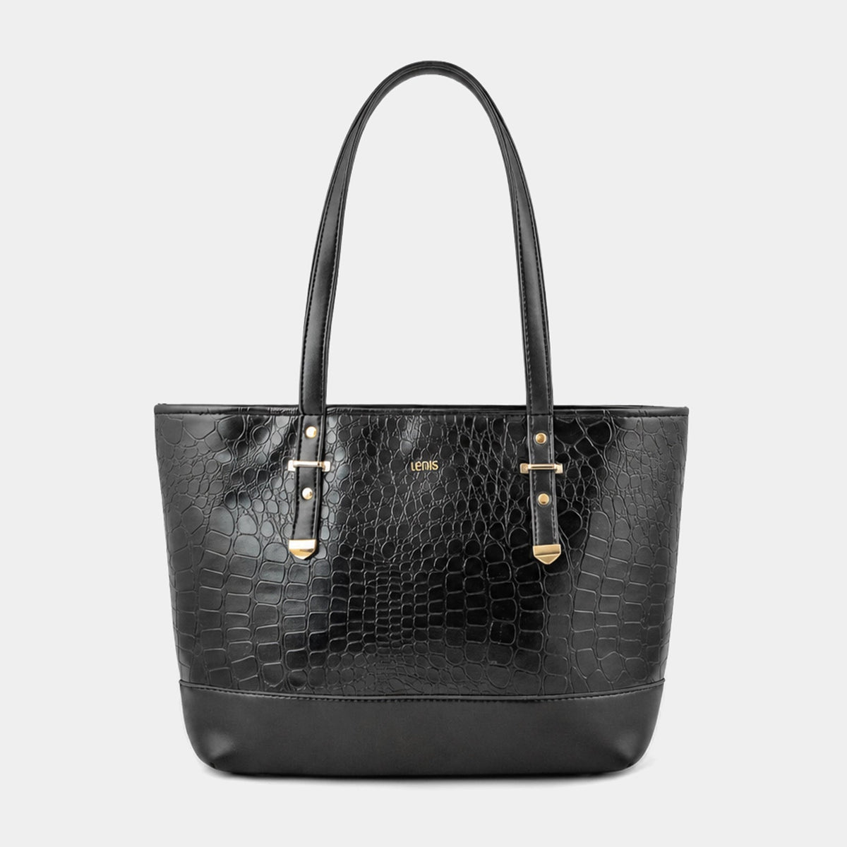 A black crocodile-embossed leather tote bag with dual top handles and gold-tone hardware, centered on a light gray background.