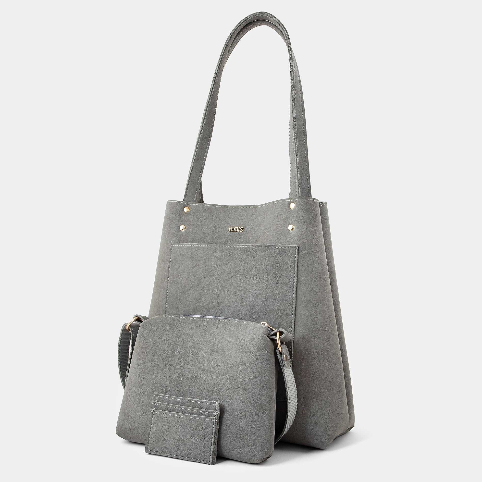 A gray faux-leather tote bag with a matching zippered pouch and shoulder strap, displayed on a clean light gray background.