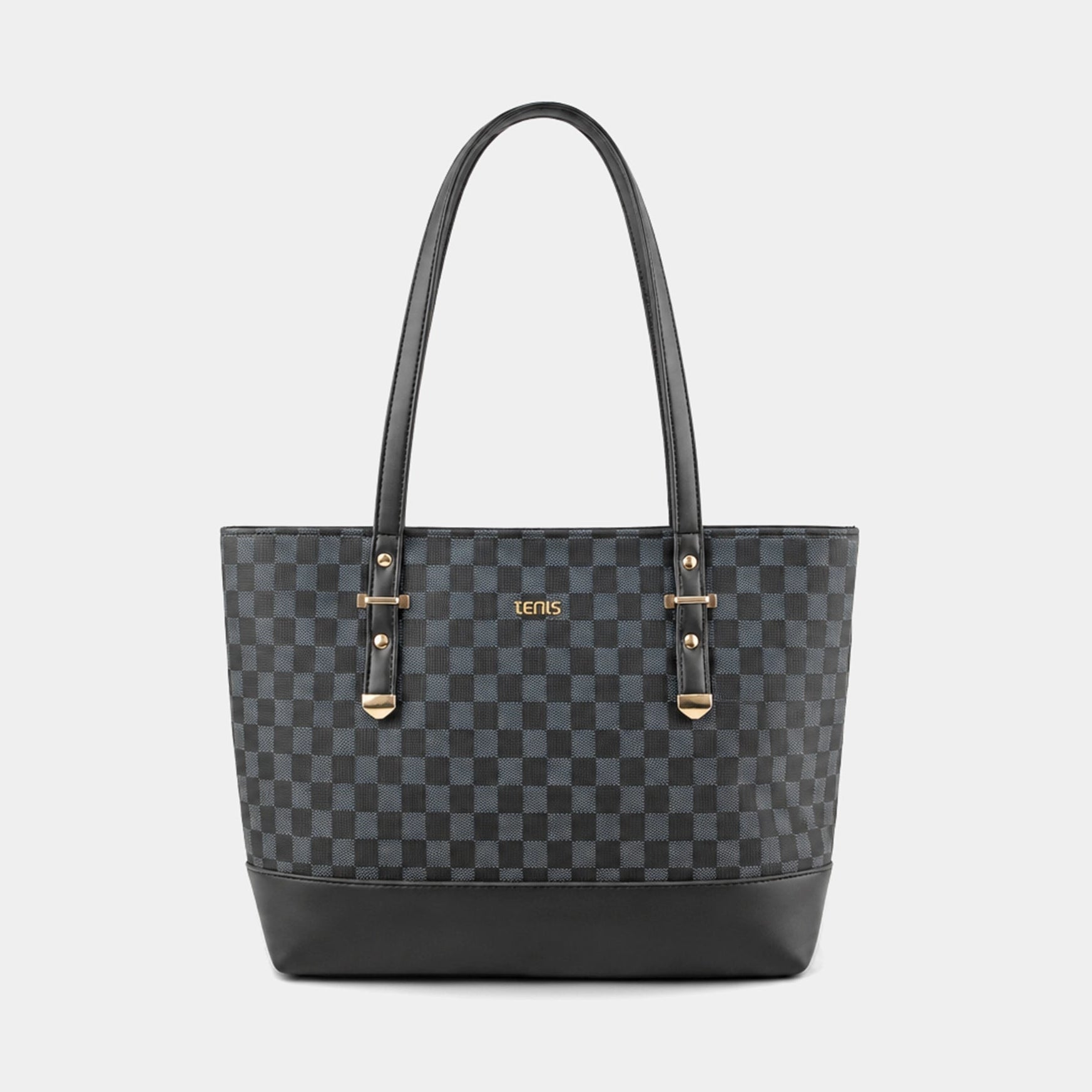 A black and dark gray checkered tote bag with black leather handles and base, featuring gold-tone hardware and a small gold 'GUESS' logo on the front, set against a light gray background.