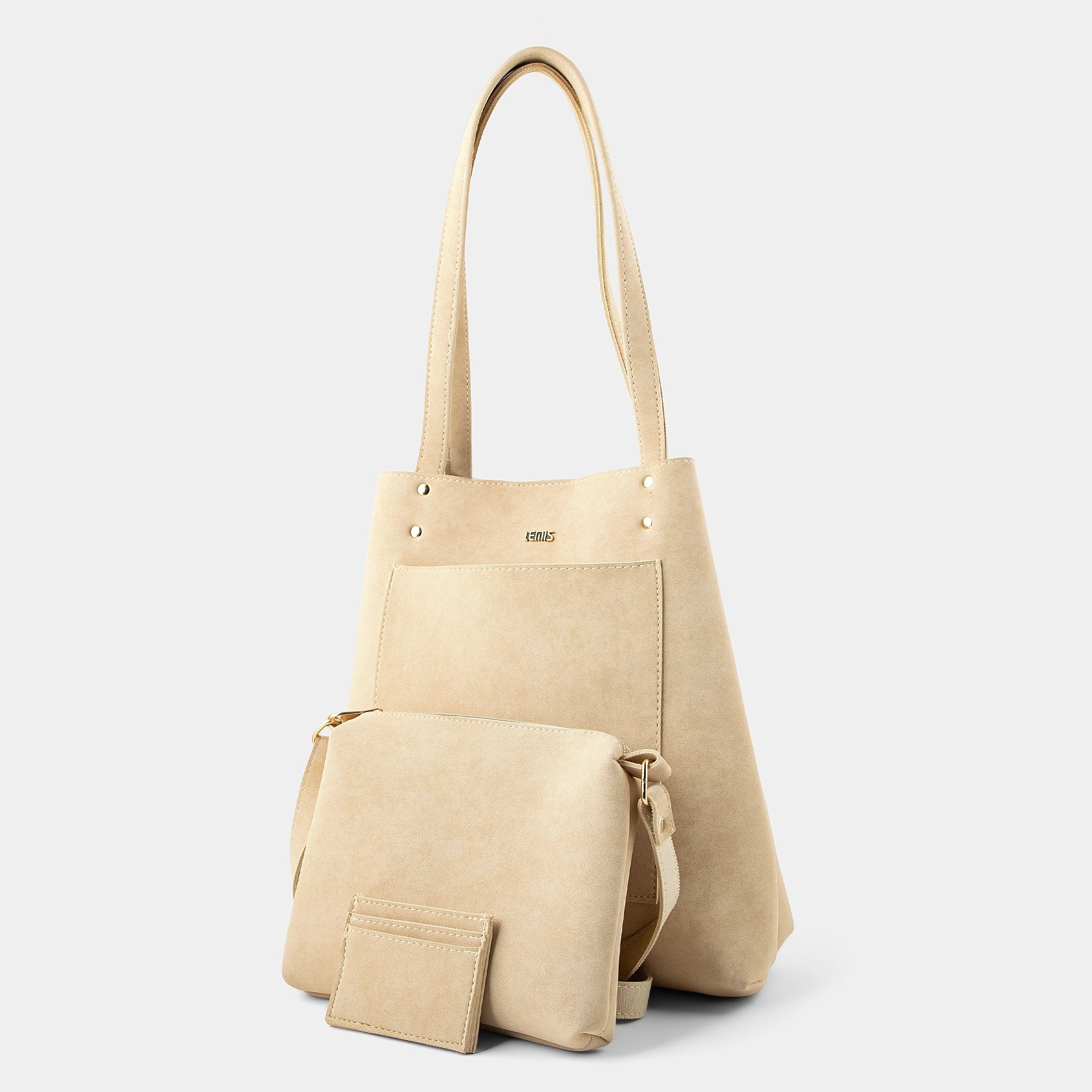A light beige faux-suede tote bag with matching pouches, shown on a clean light gray background.