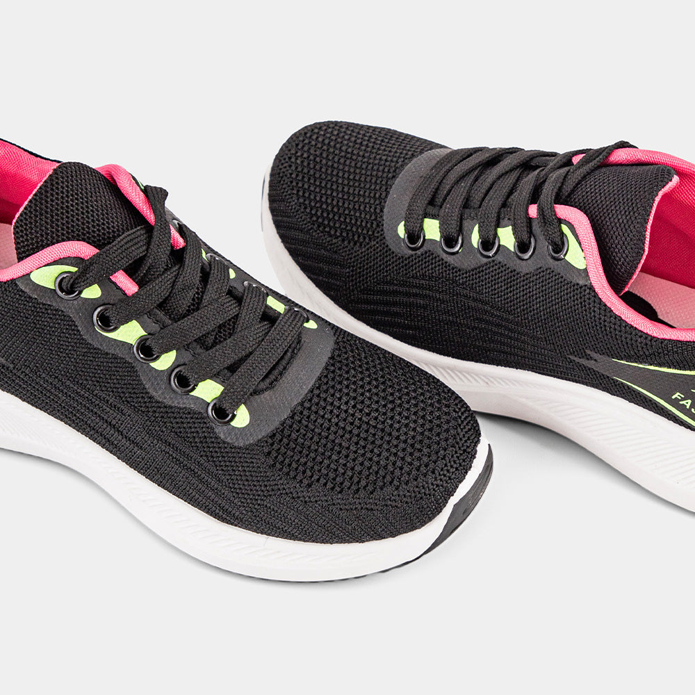 Black Lemis sneakers with vibrant pink and green accents, featuring a cushioned sole and breathable upper, perfect for stylish casual wear and light activities.
