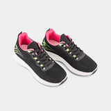 Black Lemis sneakers with vibrant pink and green accents, featuring a cushioned sole and breathable upper, perfect for stylish casual wear and light activities.
