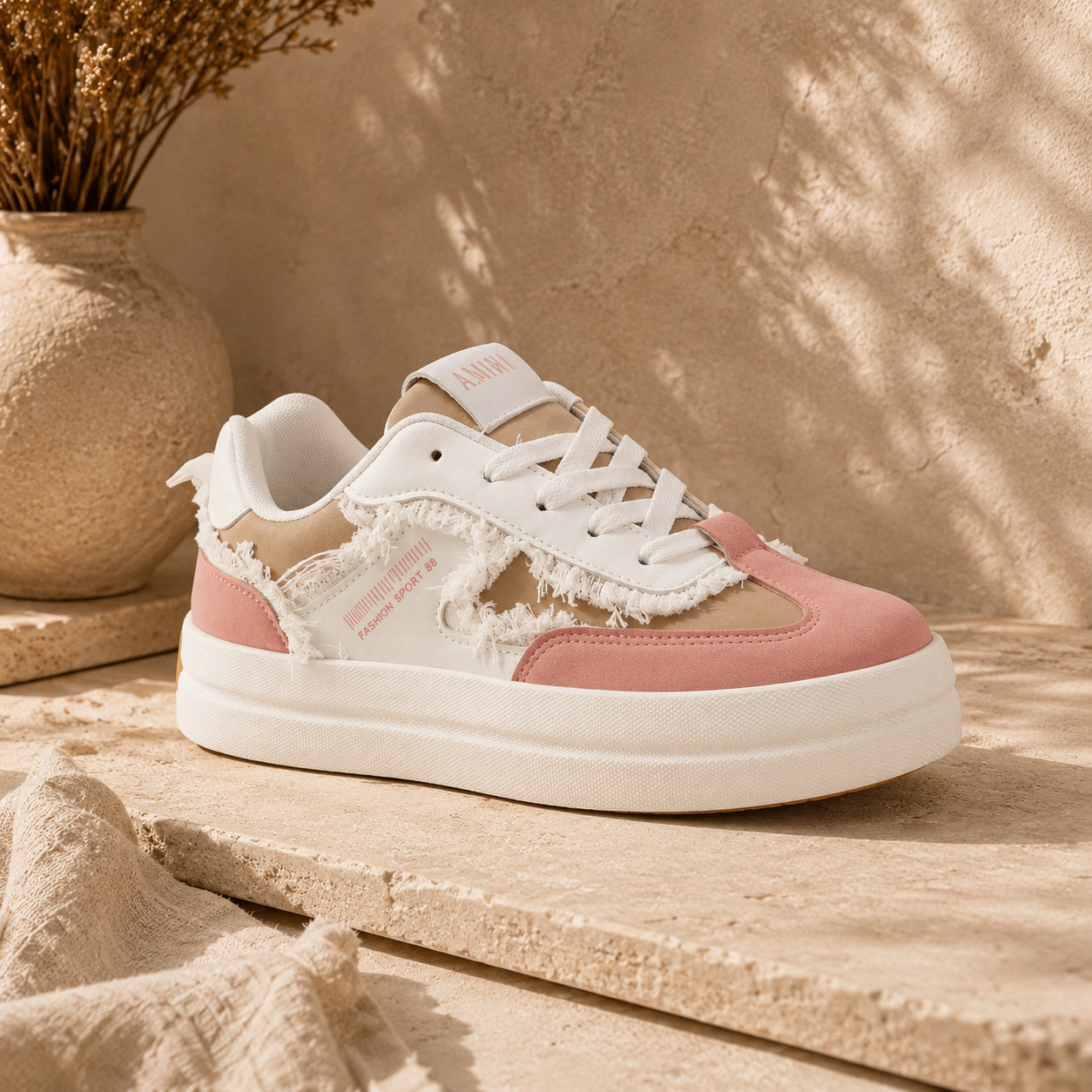 A low-top sneaker with a white and dusty pink color scheme, featuring distressed raw-edge detailing on the side, white laces, and a chunky white sole, displayed on a textured stone surface.