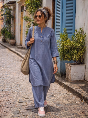 A woman walking on a cobblestone street wearing a pink sneaker and dusty blue linen kurta and matching pants, carrying a beige shoulder bag.