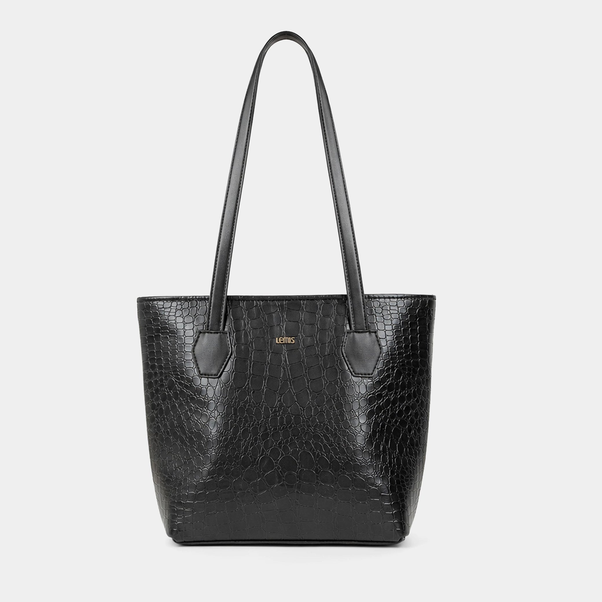 A black crocodile-embossed leather tote bag with dual shoulder straps and a small gold-tone logo plaque on the front, set against a solid light gray background.