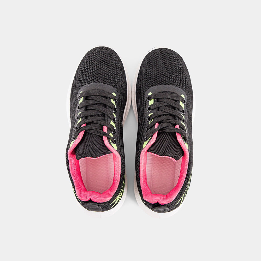 Black Lemis sneakers with vibrant pink and green accents, featuring a cushioned sole and breathable upper, perfect for stylish casual wear and light activities.