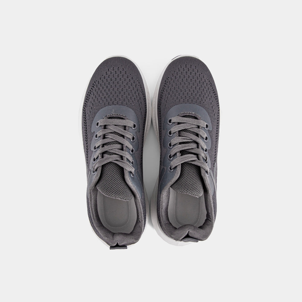 Grey Lemis sneakers featuring a breathable knitted upper with a cushioned white sole, designed for comfort and casual wear, suitable for various occasions