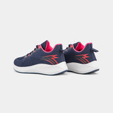 A stylish navy blue sneaker with pink accents and a white sole. The sneaker has a mesh upper and a comfortable design, perfect for everyday wear or athletic activities.