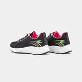 Black Lemis sneakers with vibrant pink and green accents, featuring a cushioned sole and breathable upper, perfect for stylish casual wear and light activities.