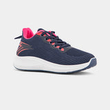 A stylish navy blue sneaker with pink accents and a white sole. The sneaker has a mesh upper and a comfortable design, perfect for everyday wear or athletic activities.